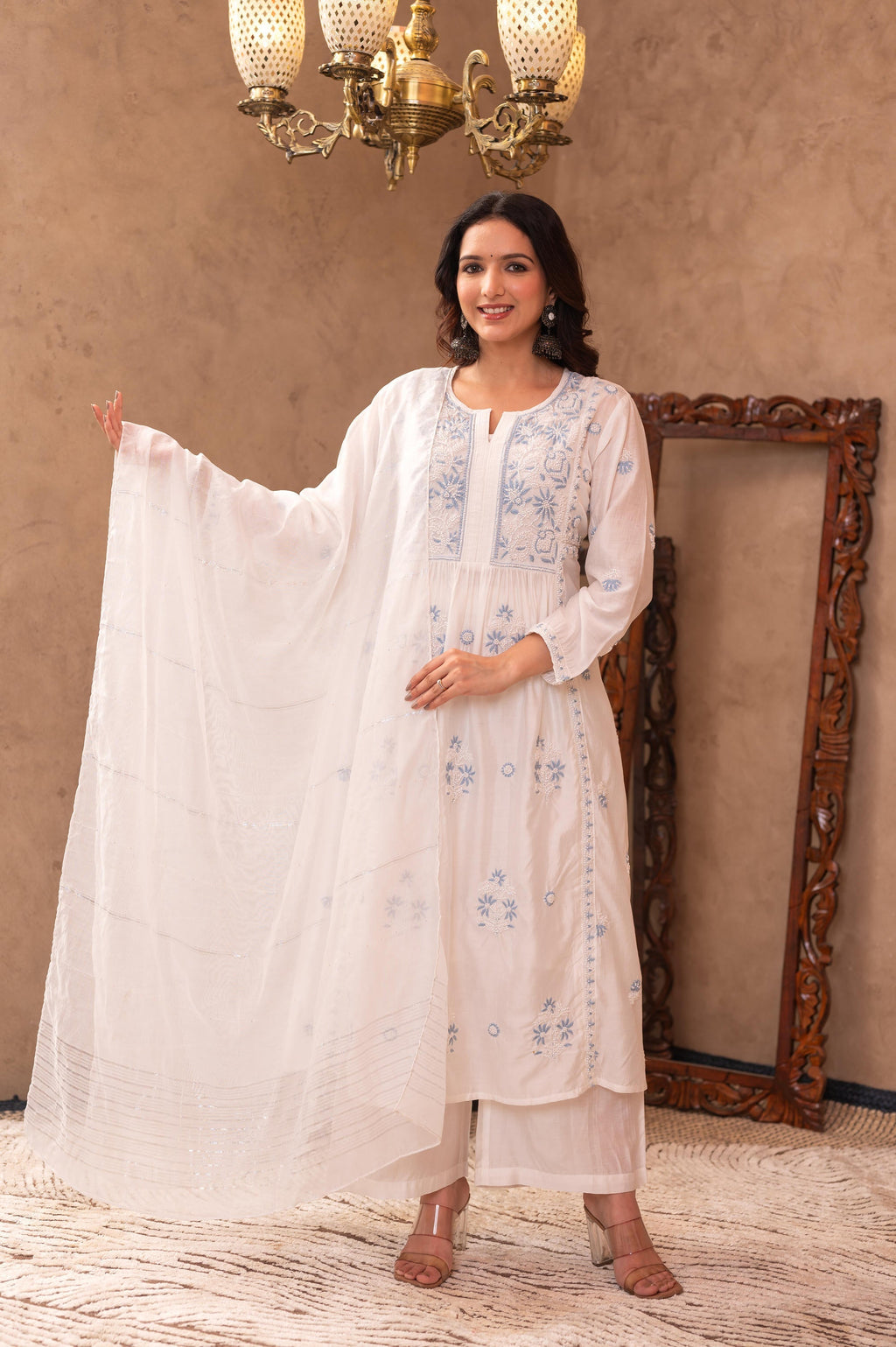 Juniper Off-White Chanderi Floral Embroidered Kurta with Palazzo, Dupatta & Bead Work | Grocsy
