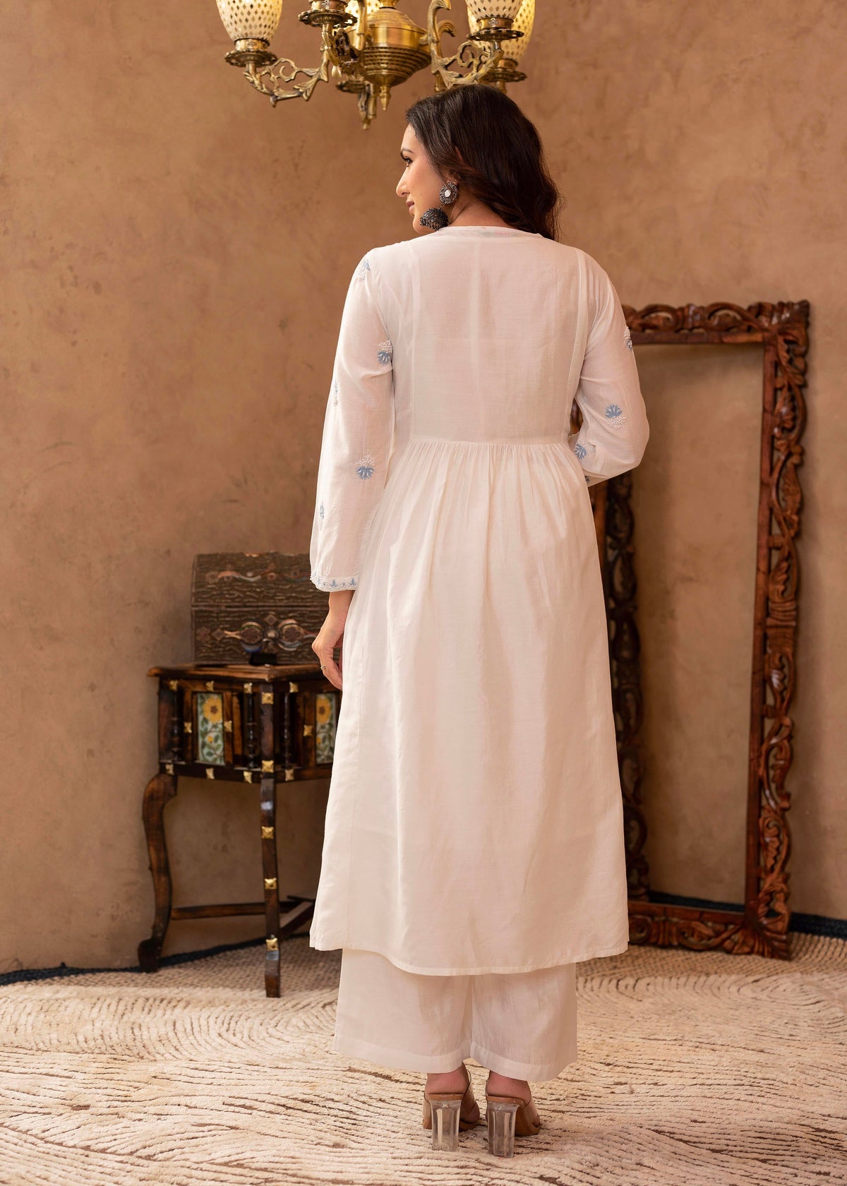 Juniper Off-White Chanderi Floral Embroidered Kurta with Palazzo, Dupatta & Bead Work | Grocsy