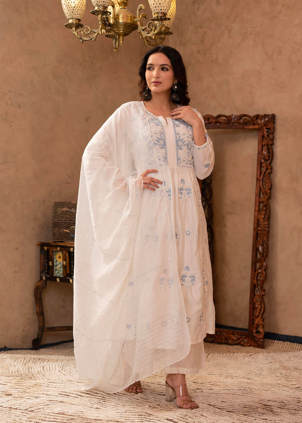 Juniper Off-White Chanderi Floral Embroidered Kurta with Palazzo, Dupatta & Bead Work | Grocsy