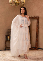 Juniper Off-White Chanderi Floral Embroidered Kurta With Palazzo, Dupatta & Bead Work | Grocsy