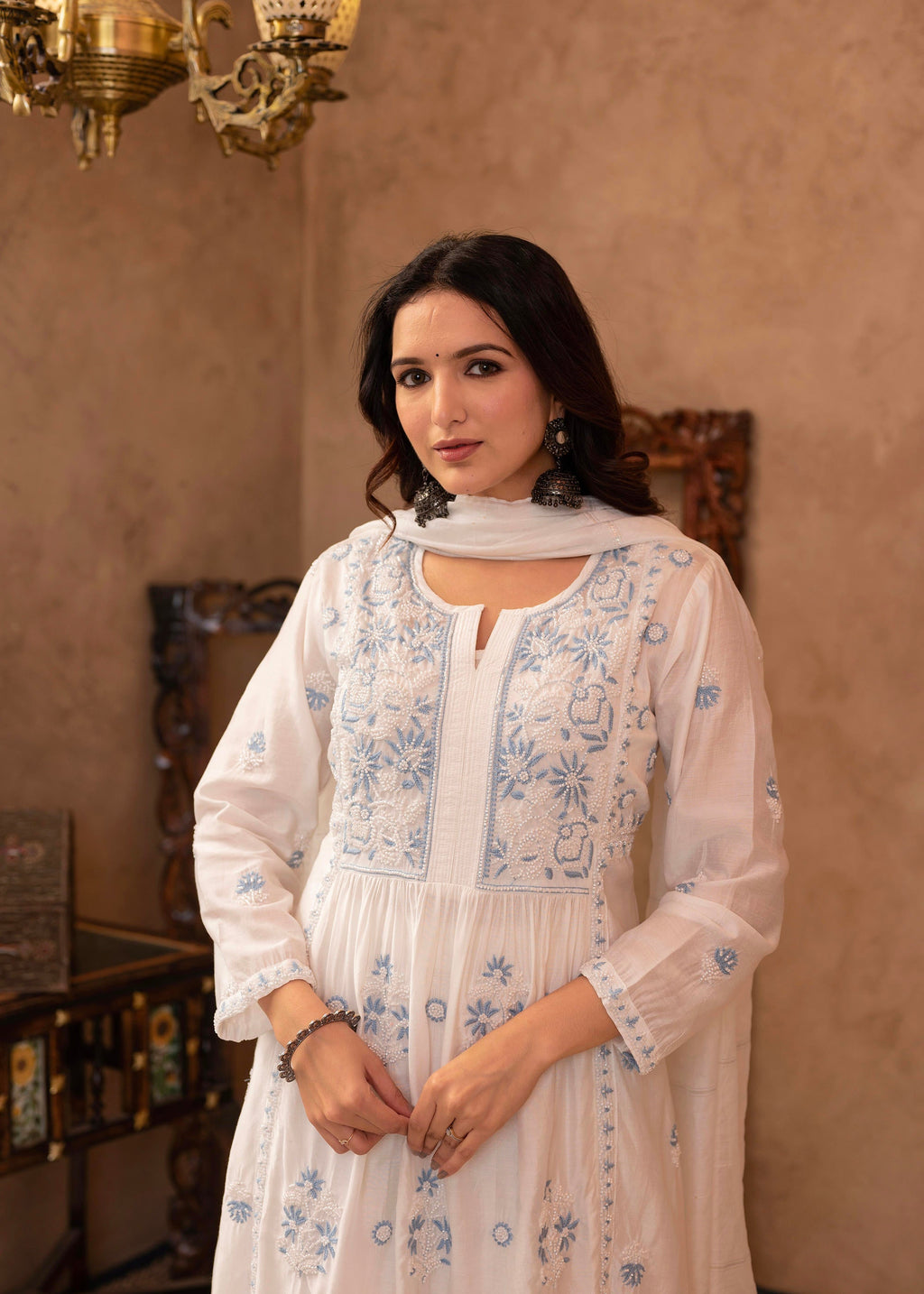 Juniper Off-White Chanderi Floral Embroidered Kurta with Palazzo, Dupatta & Bead Work | Grocsy