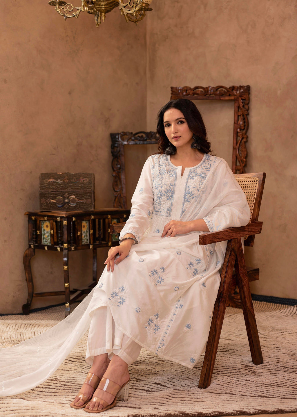 Juniper Off-White Chanderi Floral Embroidered Kurta with Palazzo, Dupatta & Bead Work | Grocsy