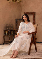 Juniper Off-White Chanderi Floral Embroidered Kurta with Palazzo, Dupatta & Bead Work | Grocsy