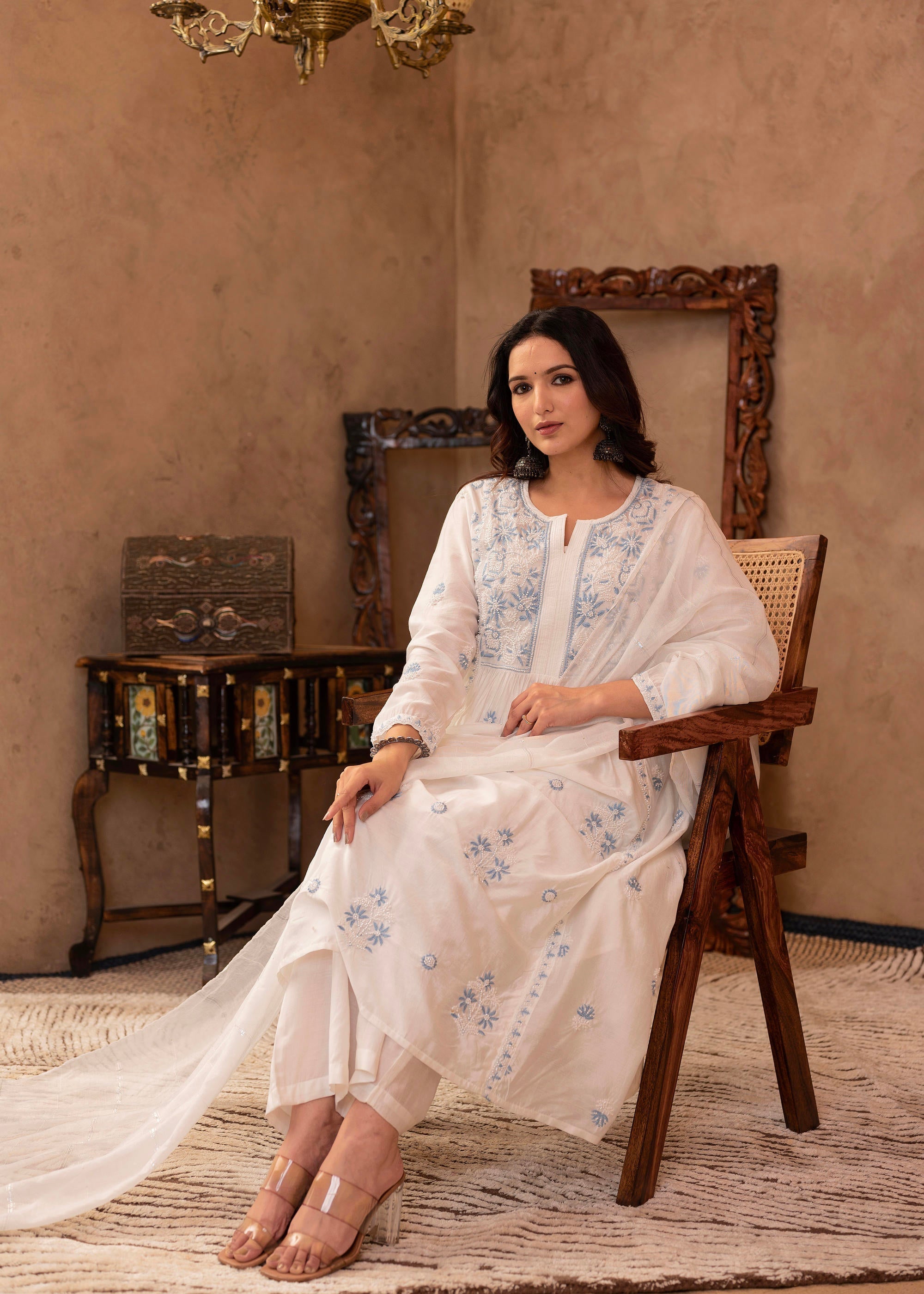 Juniper Off-White Chanderi Floral Embroidered Kurta with Palazzo, Dupatta & Bead Work | Grocsy