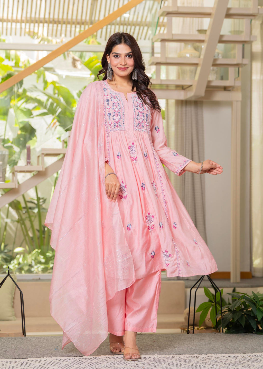 Juniper Baby Pink Embroidered Flared Kurta Set with Dupatta | Grocsy