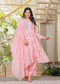 Juniper Baby Pink Embroidered Flared Kurta Set with Dupatta | Grocsy