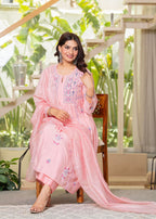 Juniper Baby Pink Embroidered Flared Kurta Set with Dupatta | Grocsy