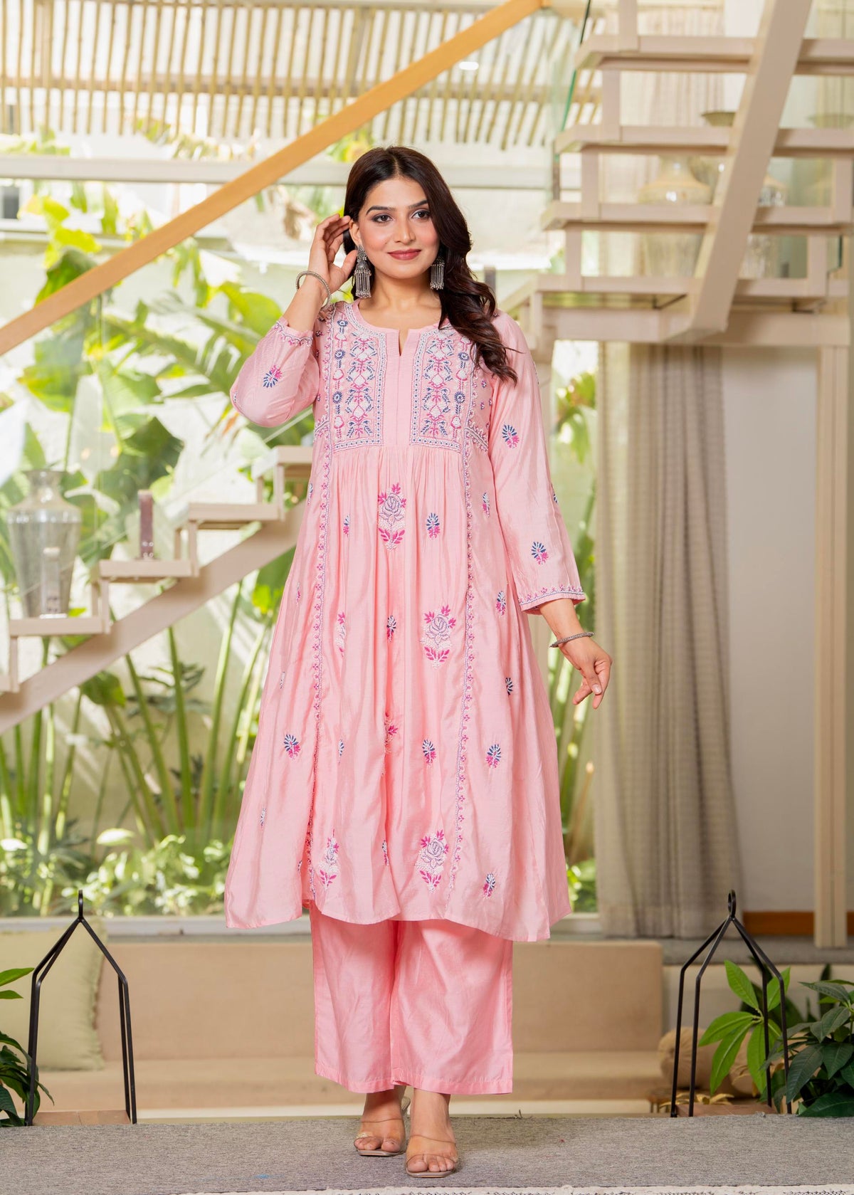 Juniper Baby Pink Embroidered Flared Kurta Set with Dupatta | Grocsy