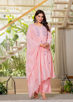 Juniper Baby Pink Embroidered Flared Kurta Set with Dupatta | Grocsy