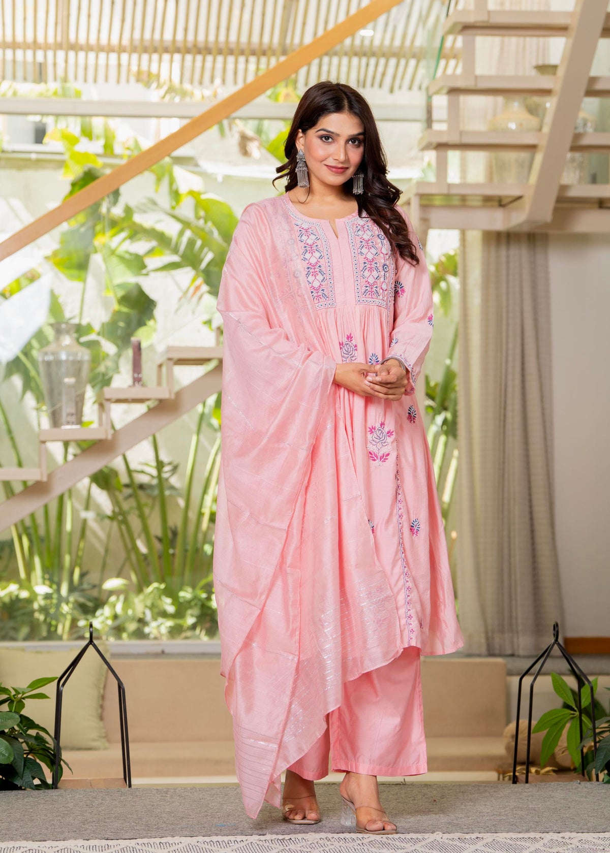 Juniper Baby Pink Embroidered Flared Kurta Set with Dupatta | Grocsy