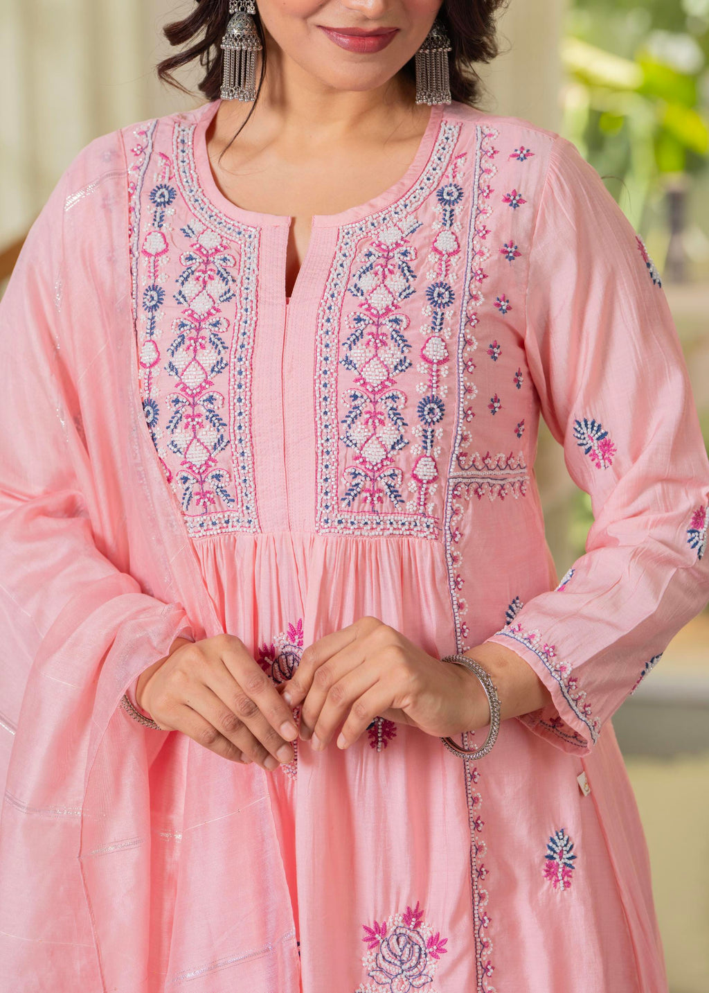 Juniper Baby Pink Embroidered Flared Kurta Set with Dupatta | Grocsy