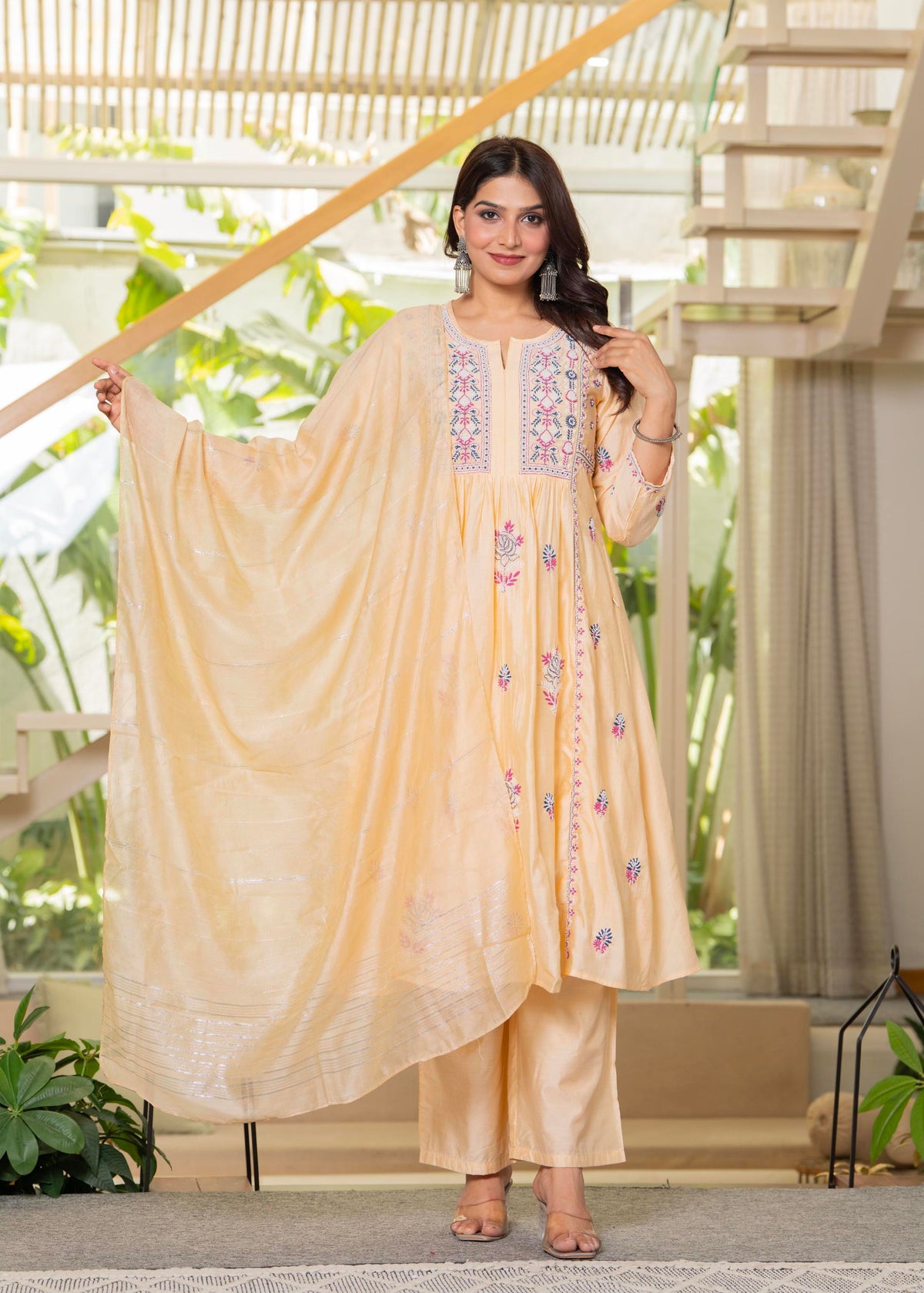 Juniper Yellow Embroidered Flared Kurta Set with Dupatta | Grocsy
