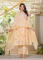 Juniper Yellow Embroidered Flared Kurta Set with Dupatta | Grocsy