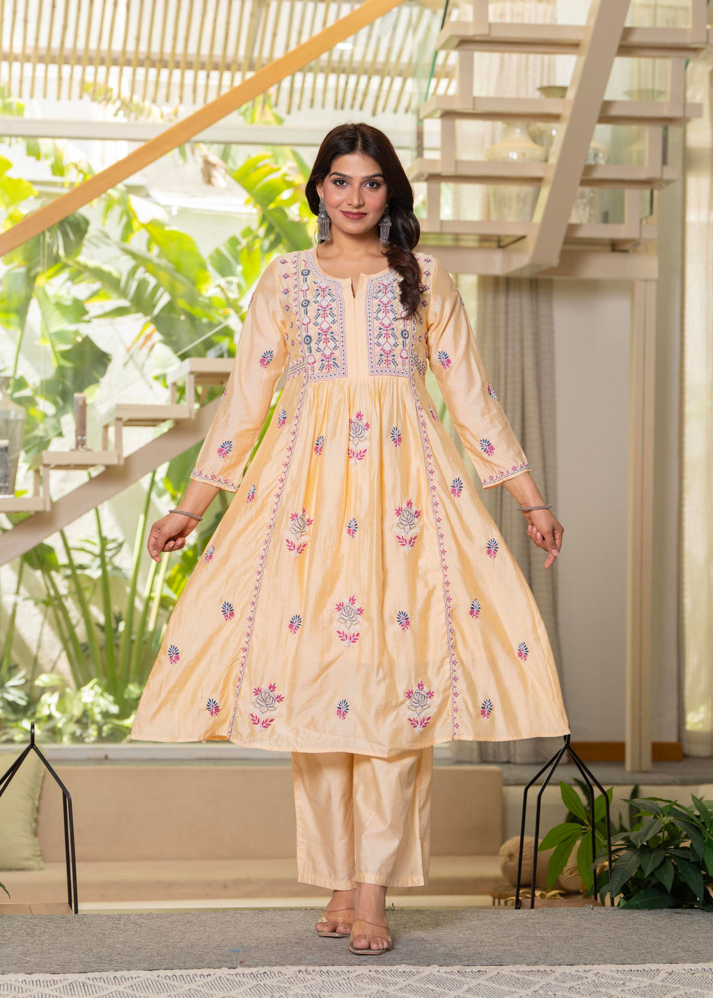 Juniper Yellow Embroidered Flared Kurta Set with Dupatta | Grocsy