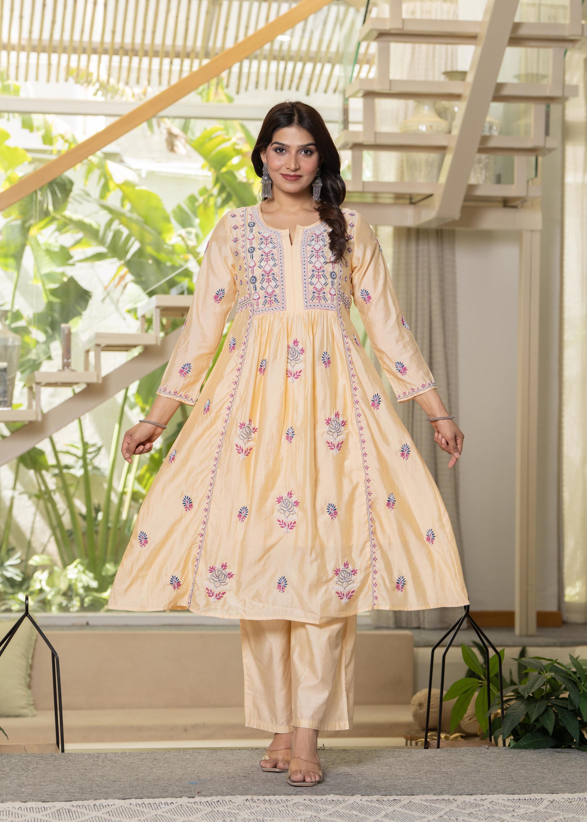 Juniper Yellow Embroidered Flared Kurta Set with Dupatta | Grocsy