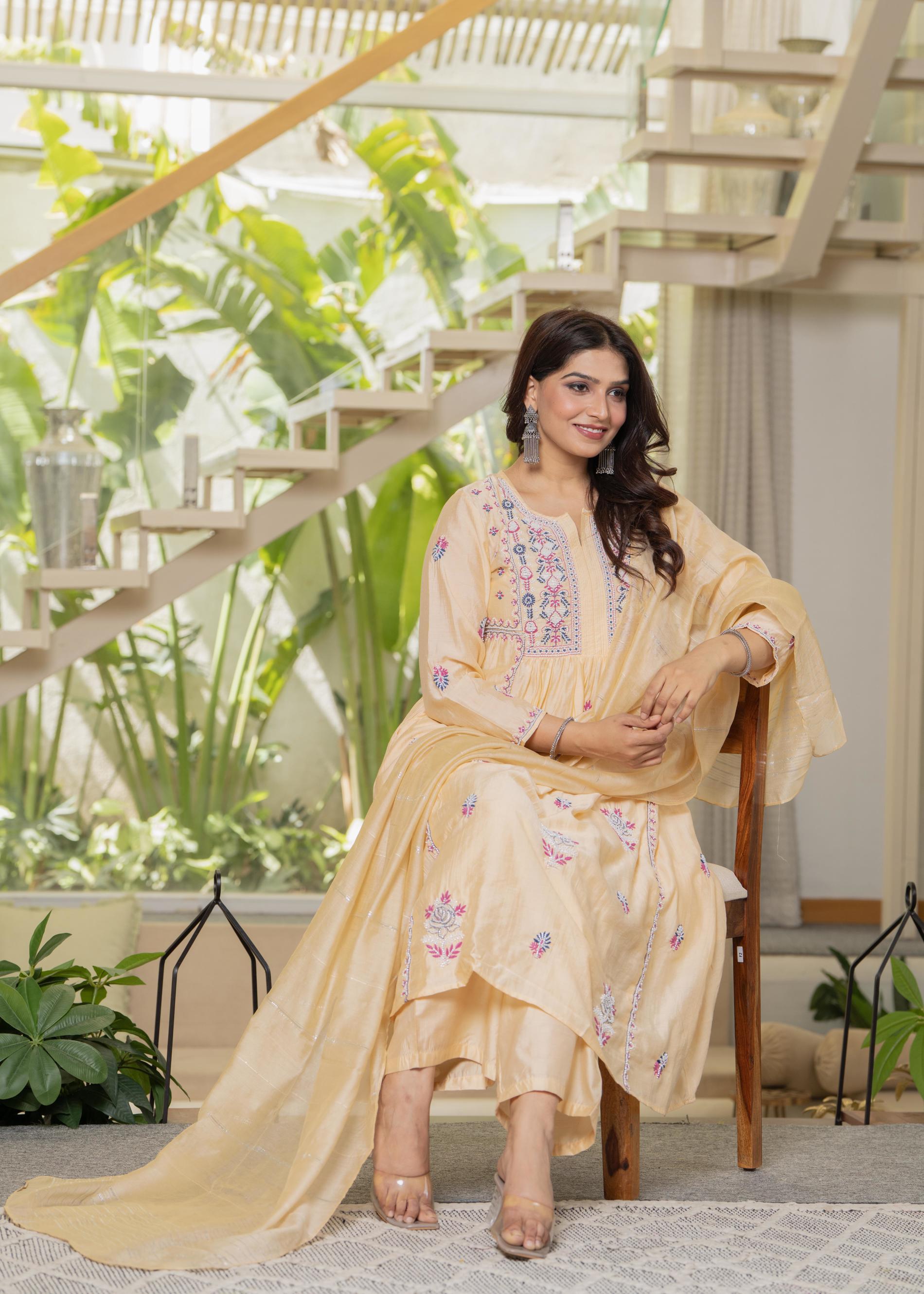 Juniper Yellow Embroidered Flared Kurta Set with Dupatta | Grocsy