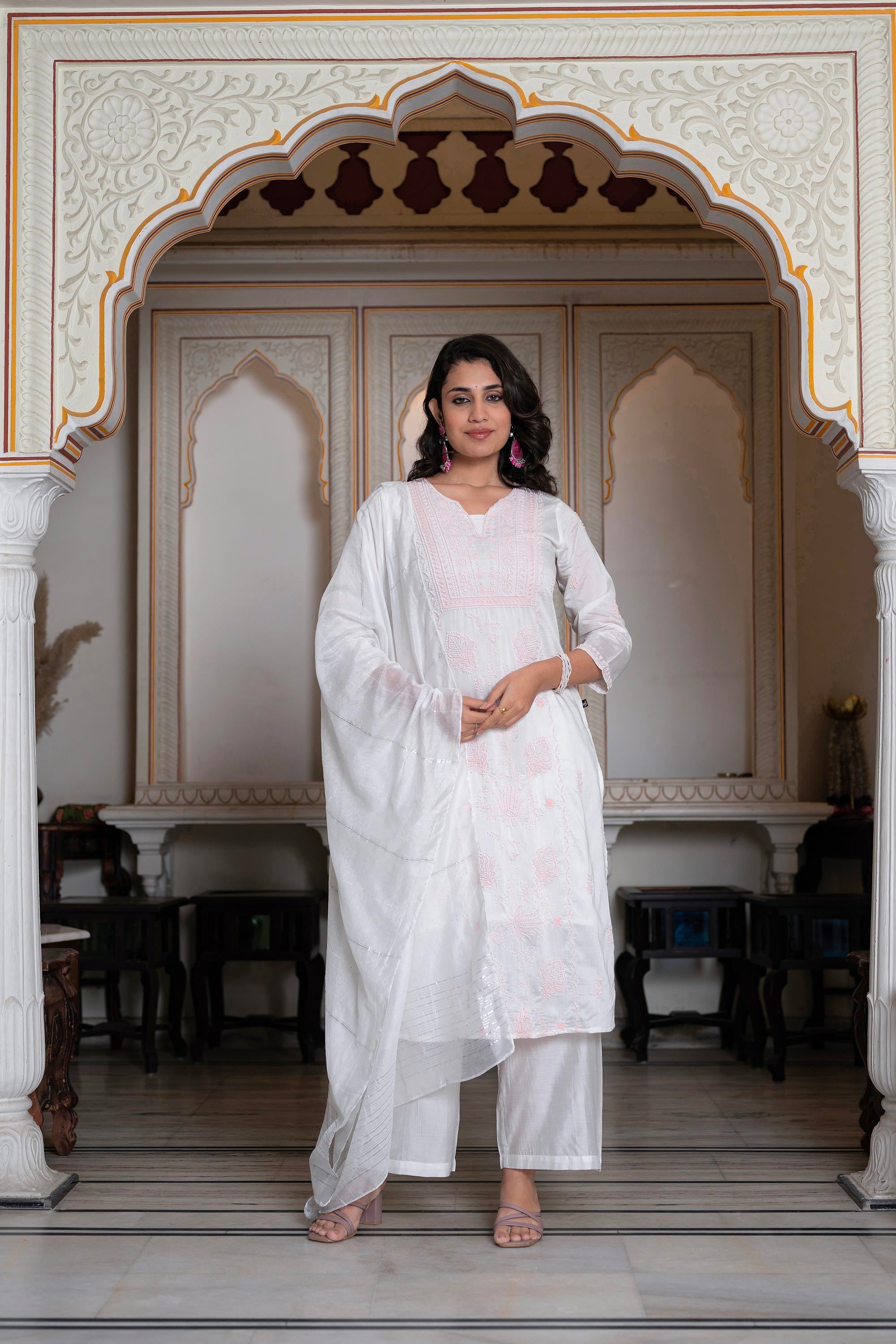 Juniper Off-White Chanderi Kurta with Bead Work & Thread Detailing | Grocsy