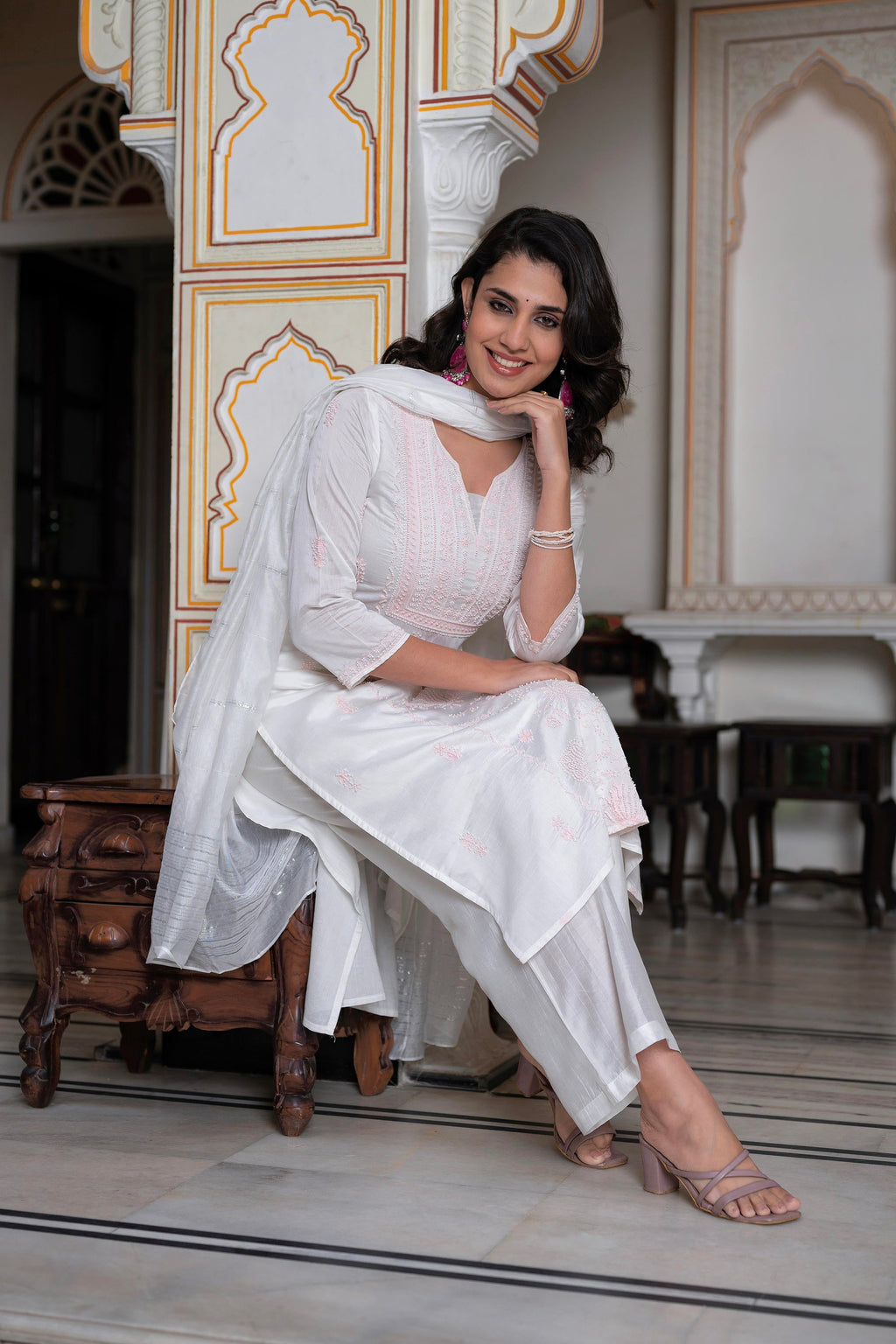 Juniper Off-White Chanderi Kurta with Bead Work & Thread Detailing | Grocsy