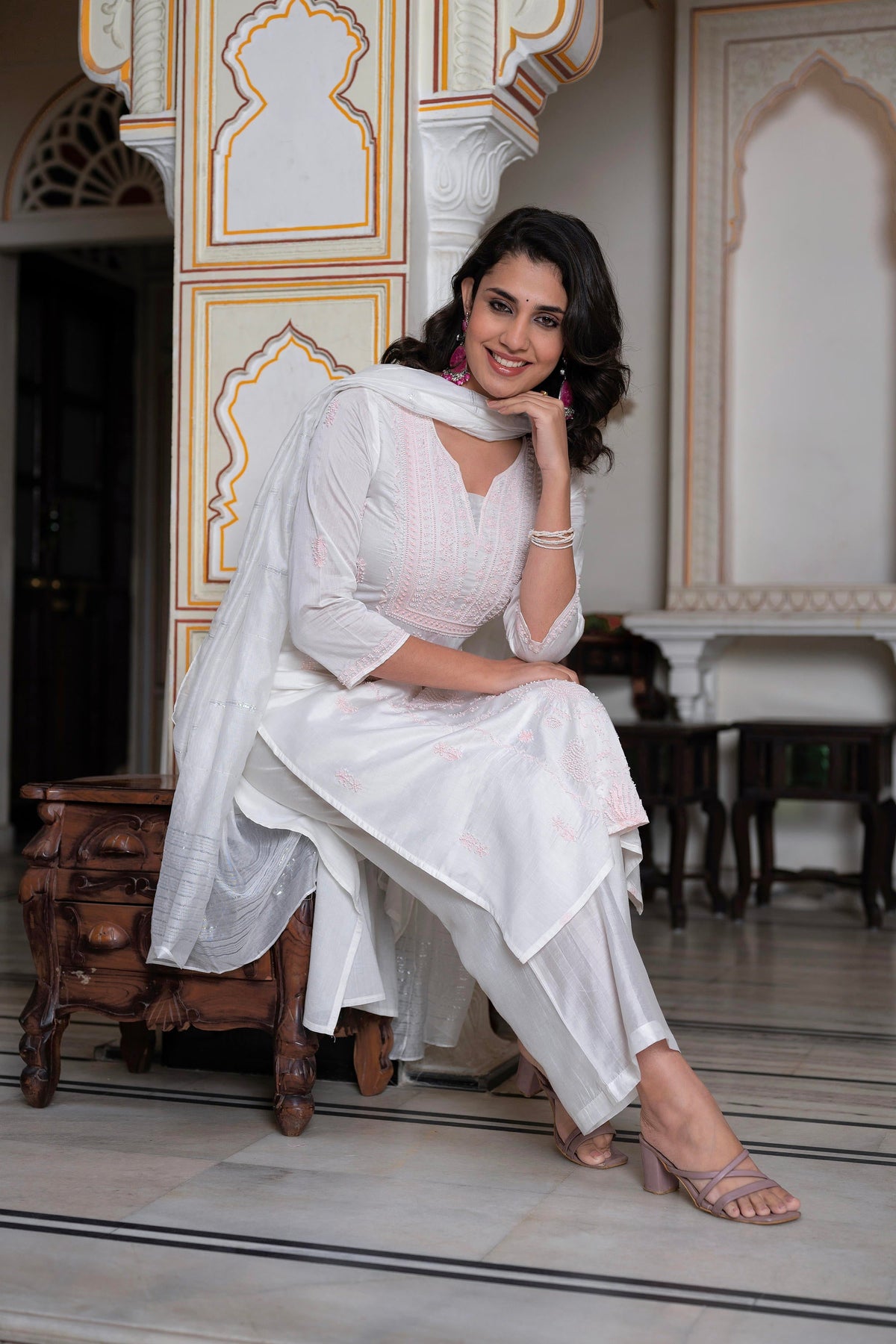 Juniper Off-White Chanderi Kurta With Bead Work & Thread Detailing | Grocsy