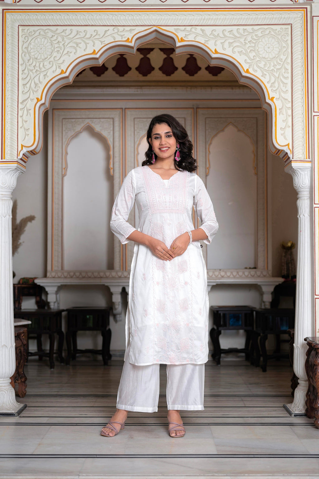 Juniper Off-White Chanderi Kurta with Bead Work & Thread Detailing | Grocsy