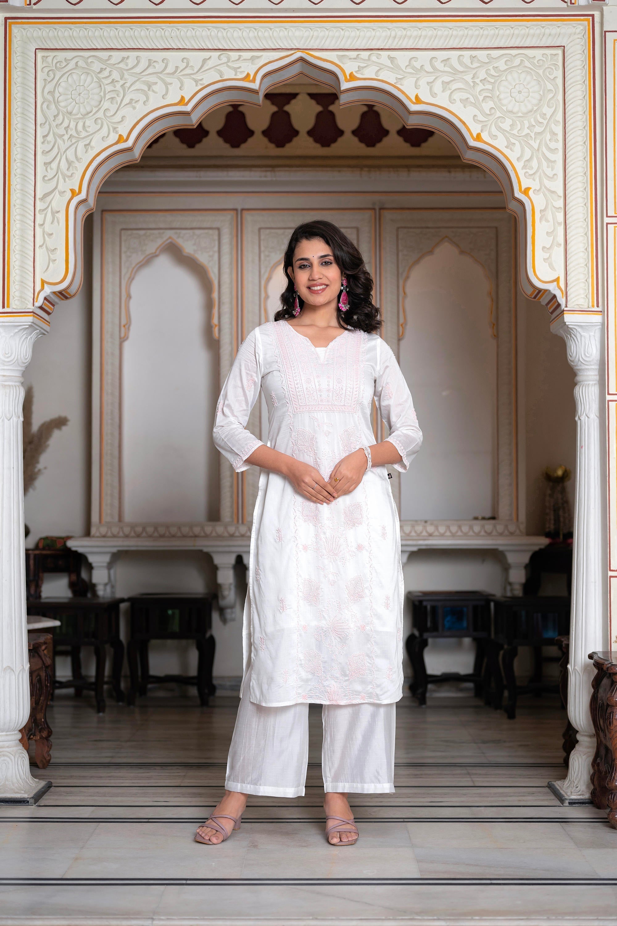 Juniper Off-White Chanderi Kurta with Bead Work & Thread Detailing | Grocsy