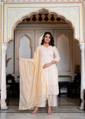 Juniper Peach Chanderi Kurta-Pant & Dupatta Set with Bead & Floral Thread Work | Grocsy