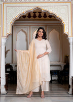 Juniper Peach Chanderi Kurta-Pant & Dupatta Set with Bead & Floral Thread Work | Grocsy
