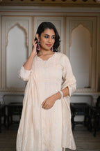 Juniper Peach Chanderi Kurta-Pant & Dupatta Set With Bead & Floral Thread Work | Grocsy