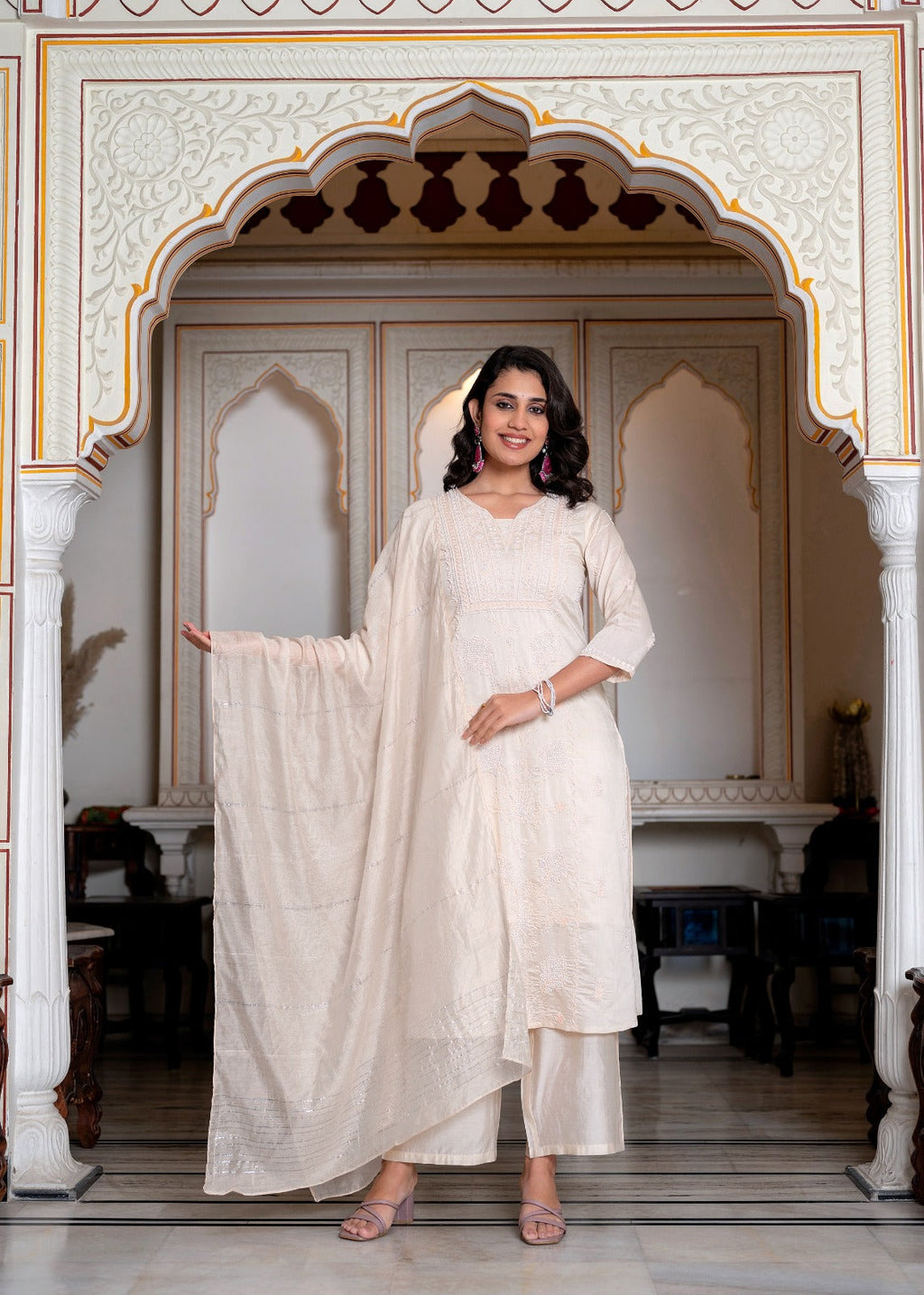 Juniper Peach Chanderi Kurta-Pant & Dupatta Set With Bead & Floral Thread Work | Grocsy