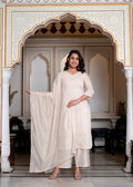 Juniper Peach Chanderi Kurta-Pant & Dupatta Set With Bead & Floral Thread Work | Grocsy