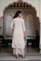 Juniper Peach Chanderi Kurta-Pant & Dupatta Set with Bead & Floral Thread Work | Grocsy