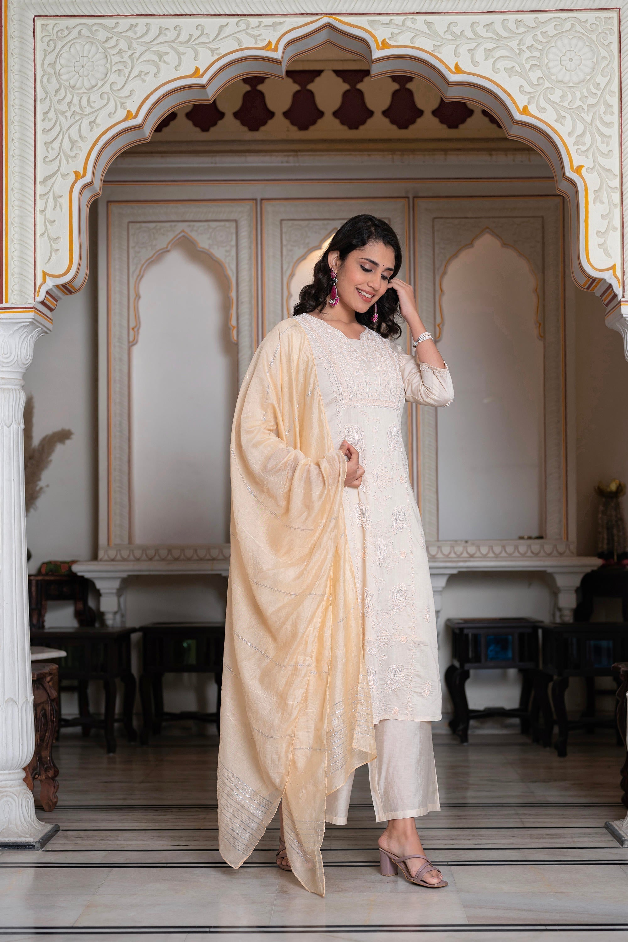 Juniper Peach Chanderi Kurta-Pant & Dupatta Set with Bead & Floral Thread Work | Grocsy