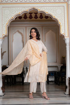 Juniper Peach Chanderi Kurta-Pant & Dupatta Set with Bead & Floral Thread Work | Grocsy