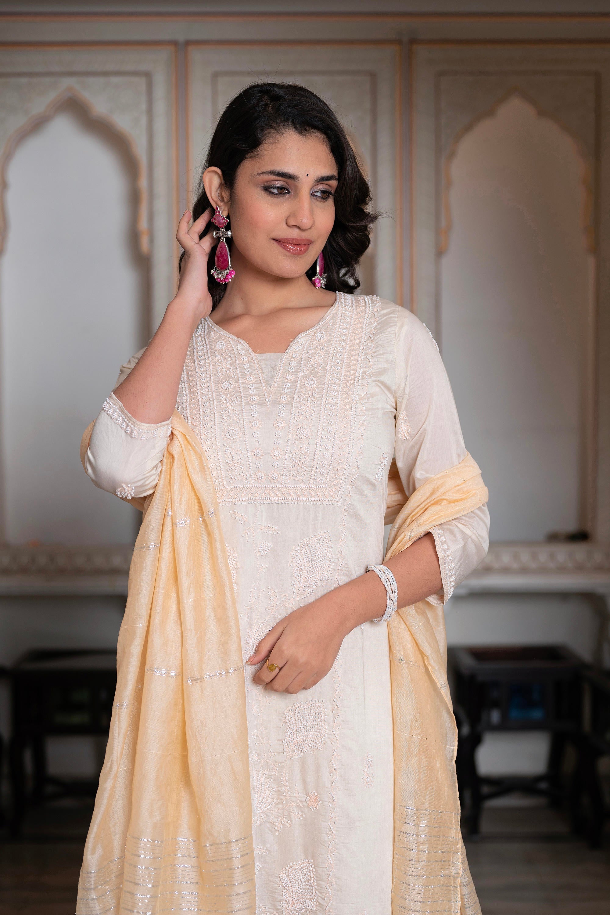 Juniper Peach Chanderi Kurta-Pant & Dupatta Set with Bead & Floral Thread Work | Grocsy