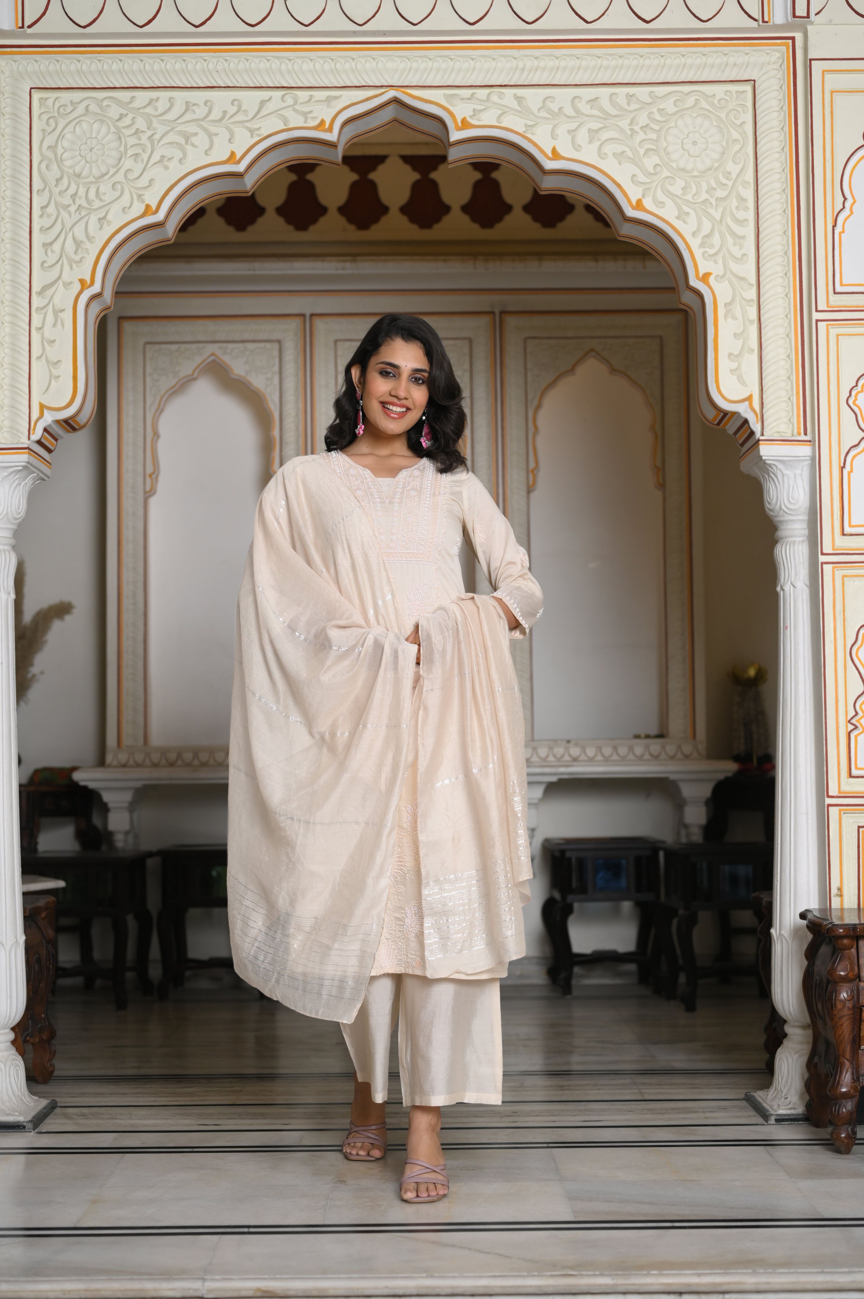 Juniper Peach Chanderi Kurta-Pant & Dupatta Set With Bead & Floral Thread Work | Grocsy