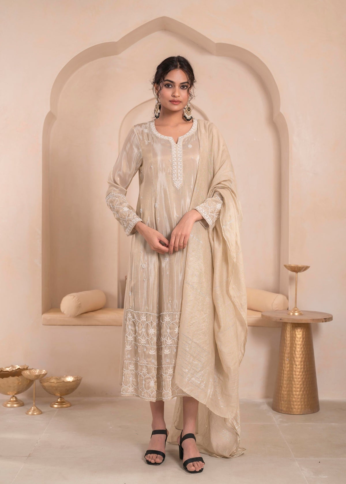Juniper Embroidered Cheeku Dress With Subtle Shimmer And Dupatta | Grocsy