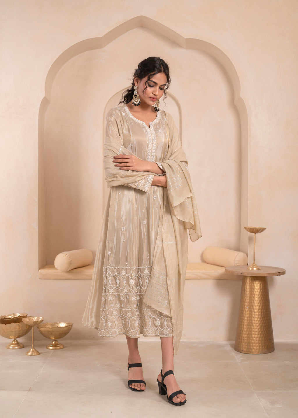 Juniper Embroidered Dress with Subtle Shimmer and Dupatta | Grocsy