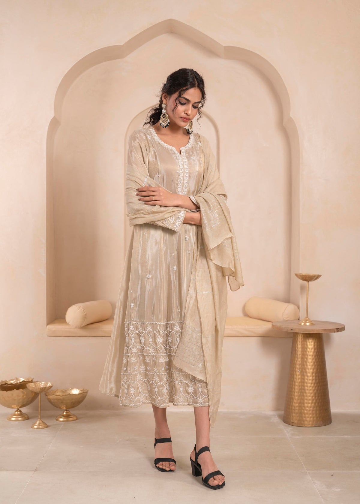 Juniper Embroidered Dress with Subtle Shimmer and Dupatta | Grocsy