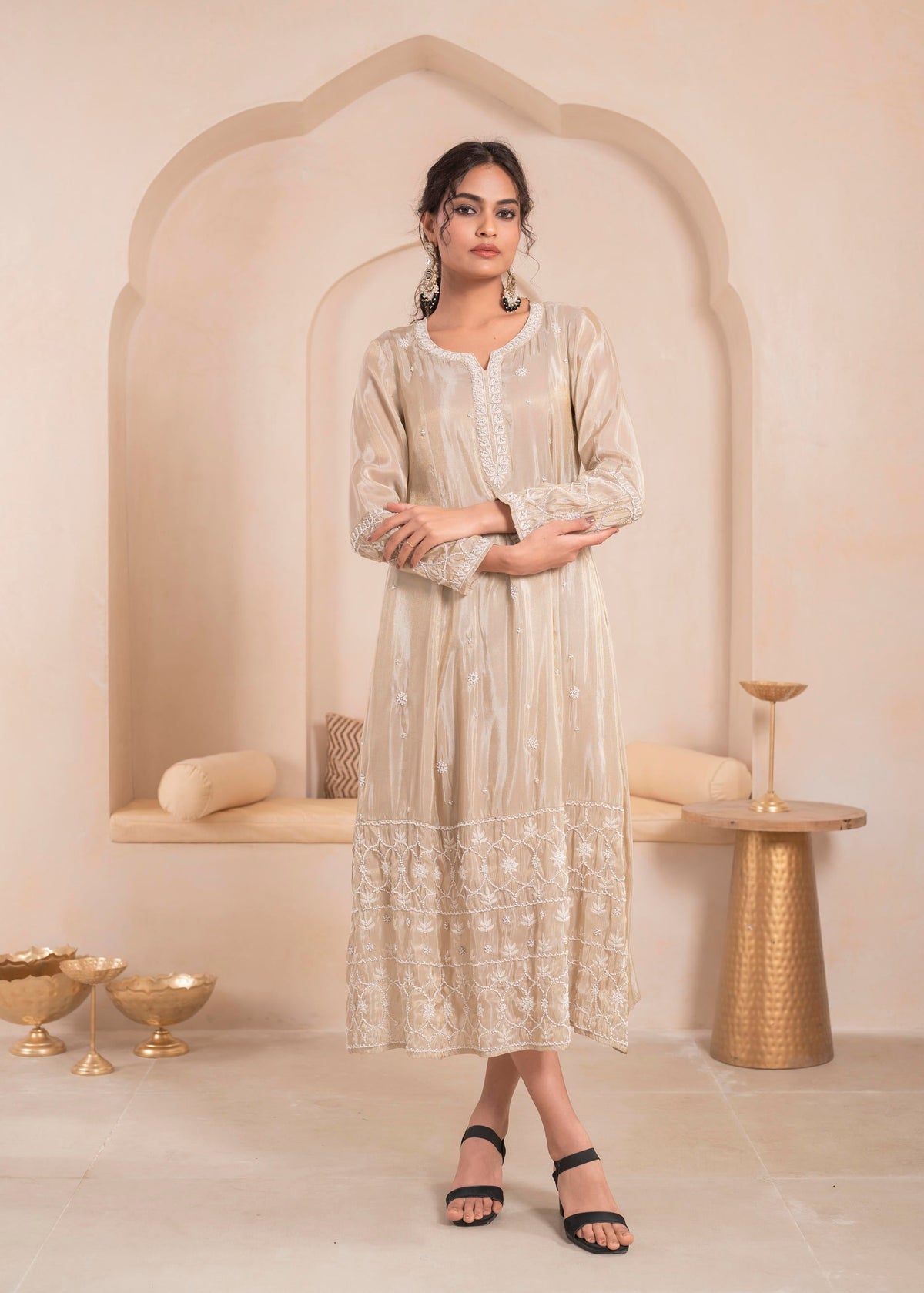 Juniper Embroidered Dress with Subtle Shimmer and Dupatta | Grocsy