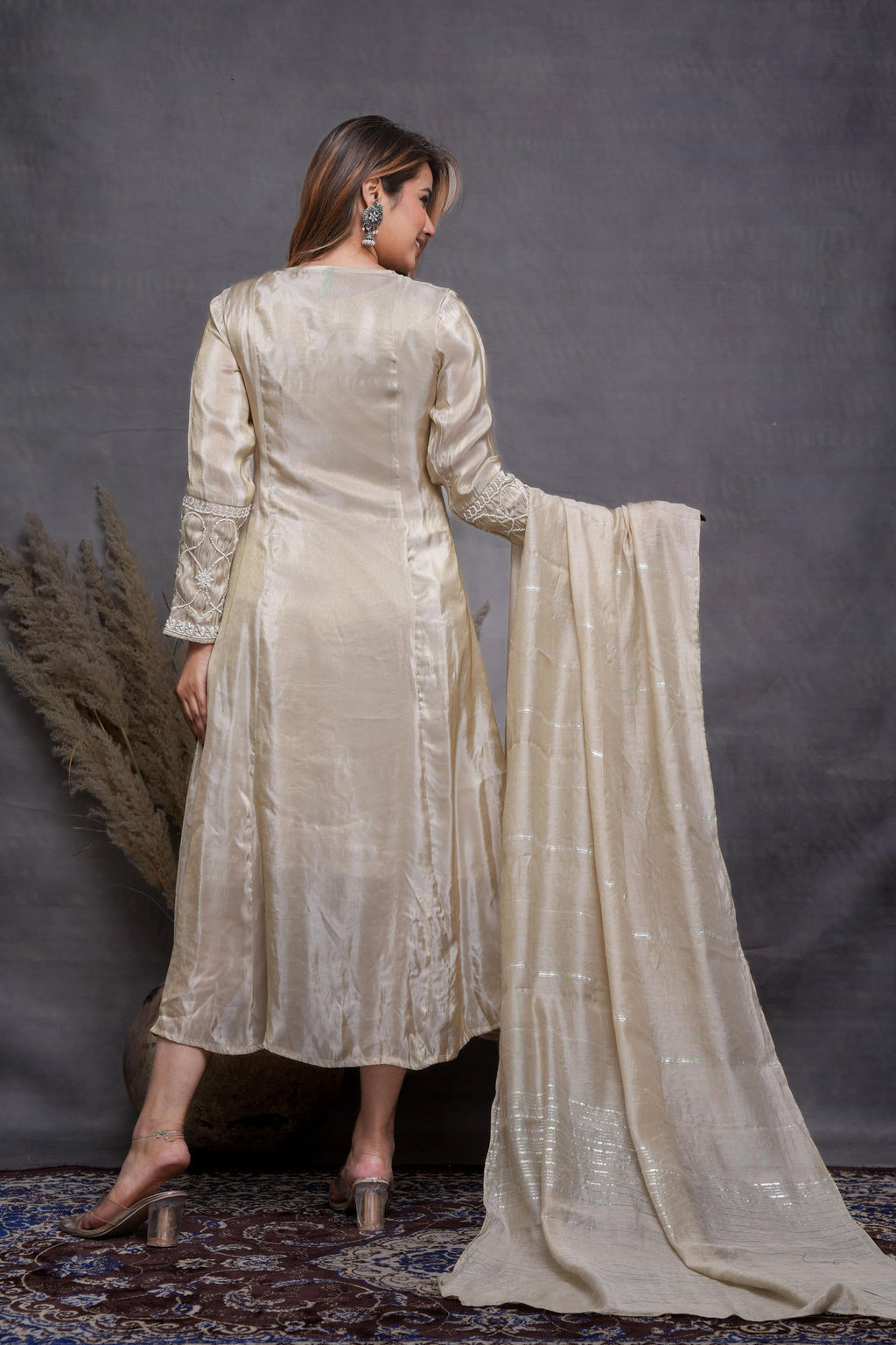 Juniper Embroidered Dress with Subtle Shimmer and Dupatta | Grocsy