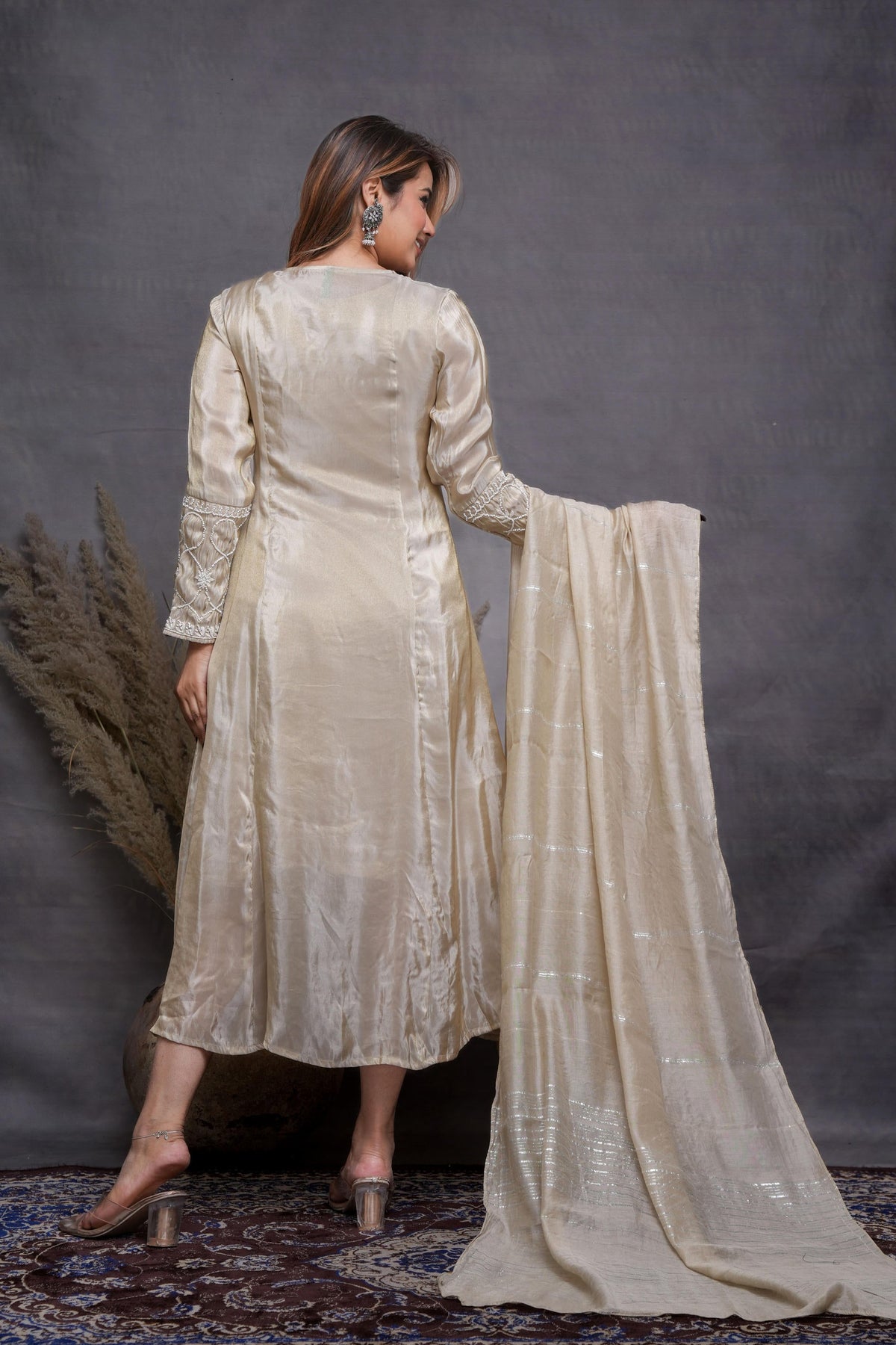 Juniper Embroidered Dress with Subtle Shimmer and Dupatta | Grocsy