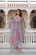 Juniper Lavender Cotton Flared Kurta-Pant & Dupatta Set with Floral Print, Thread Work, Lace & Sequins | Grocsy