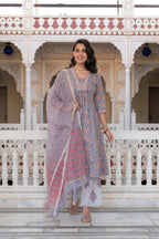 Juniper Lavender Cotton Flared Kurta-Pant & Dupatta Set With Floral Print, Thread Work, Lace & Sequins | Grocsy