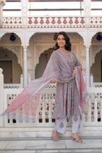 Juniper Lavender Cotton Flared Kurta-Pant & Dupatta Set with Floral Print, Thread Work, Lace & Sequins | Grocsy