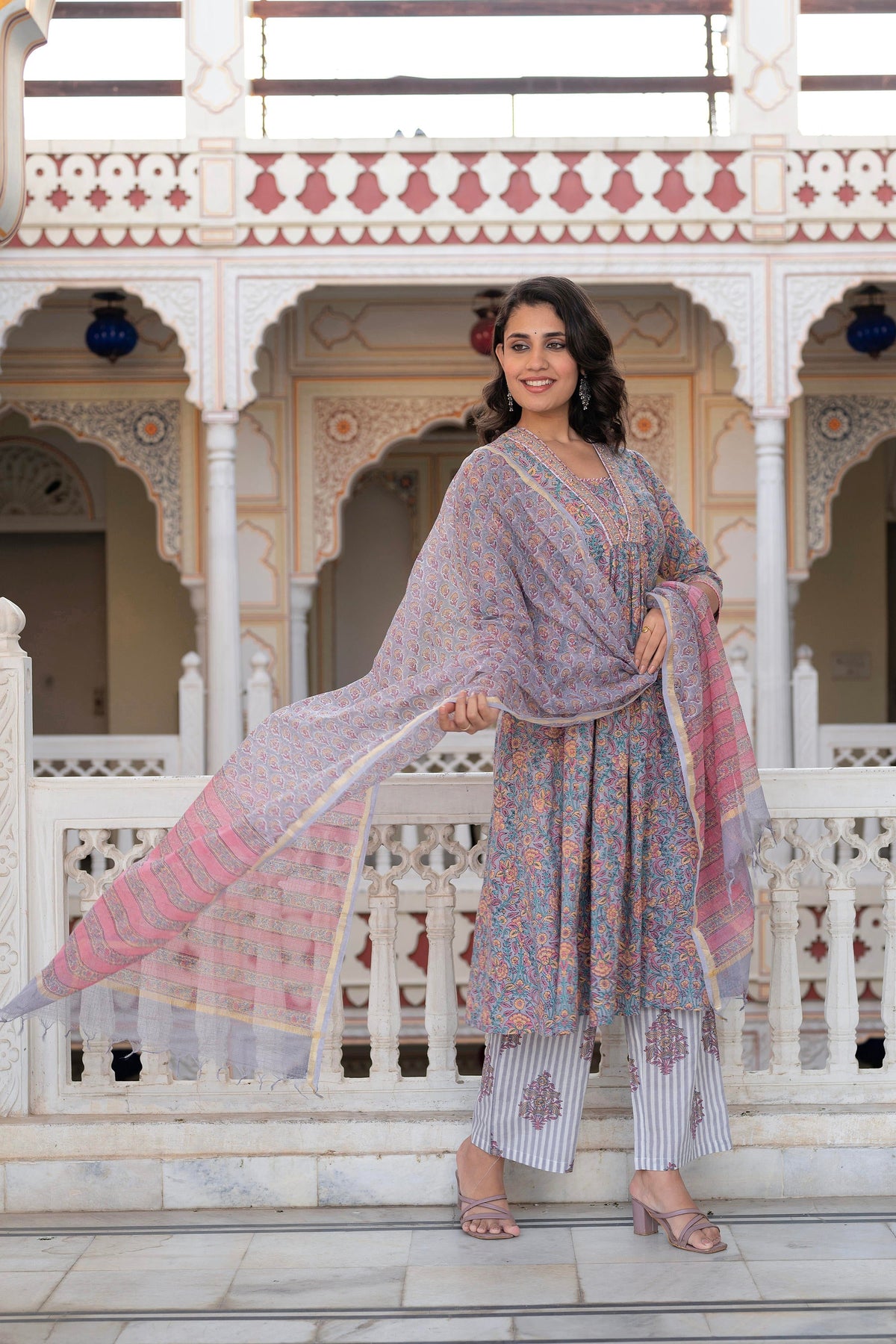 Juniper Lavender Cotton Flared Kurta-Pant & Dupatta Set with Floral Print, Thread Work, Lace & Sequins | Grocsy
