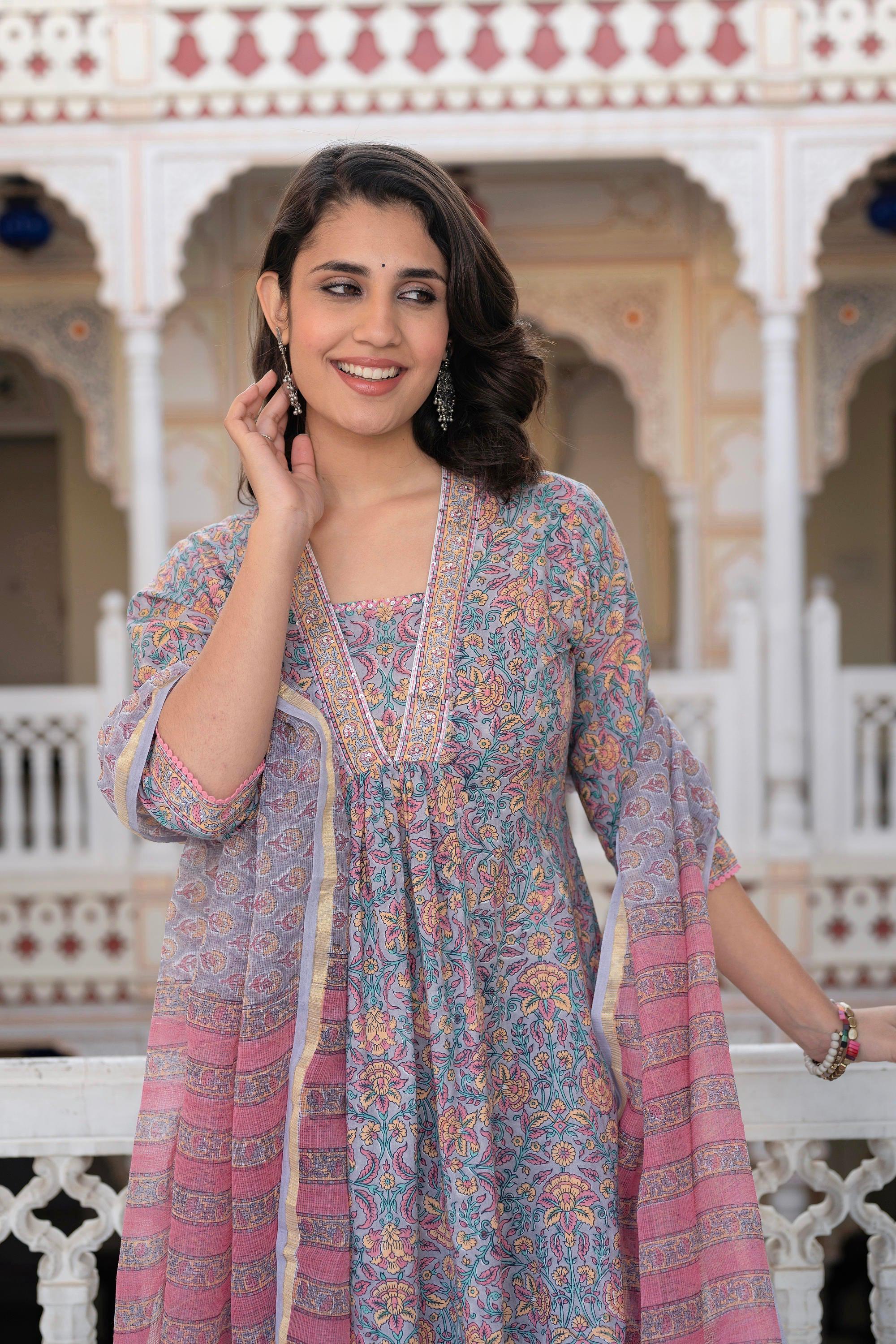 Juniper Lavender Cotton Flared Kurta-Pant & Dupatta Set with Floral Print, Thread Work, Lace & Sequins | Grocsy