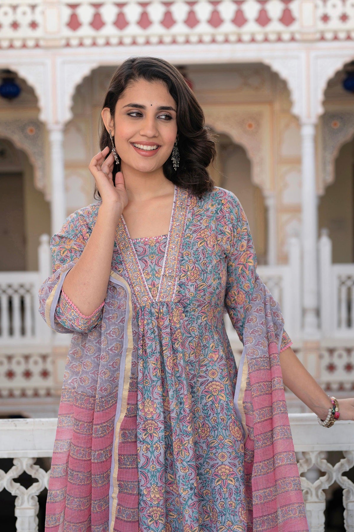 Juniper Lavender Cotton Flared Kurta-Pant & Dupatta Set With Floral Print, Thread Work, Lace & Sequins | Grocsy