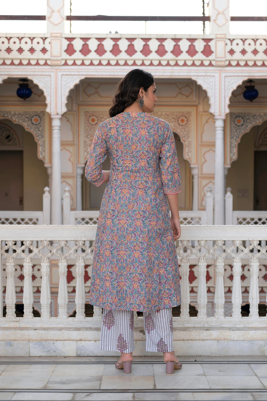 Juniper Lavender Cotton Flared Kurta-Pant & Dupatta Set with Floral Print, Thread Work, Lace & Sequins | Grocsy