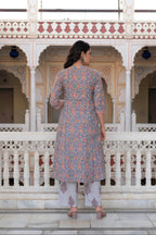 Juniper Lavender Cotton Flared Kurta-Pant & Dupatta Set with Floral Print, Thread Work, Lace & Sequins | Grocsy