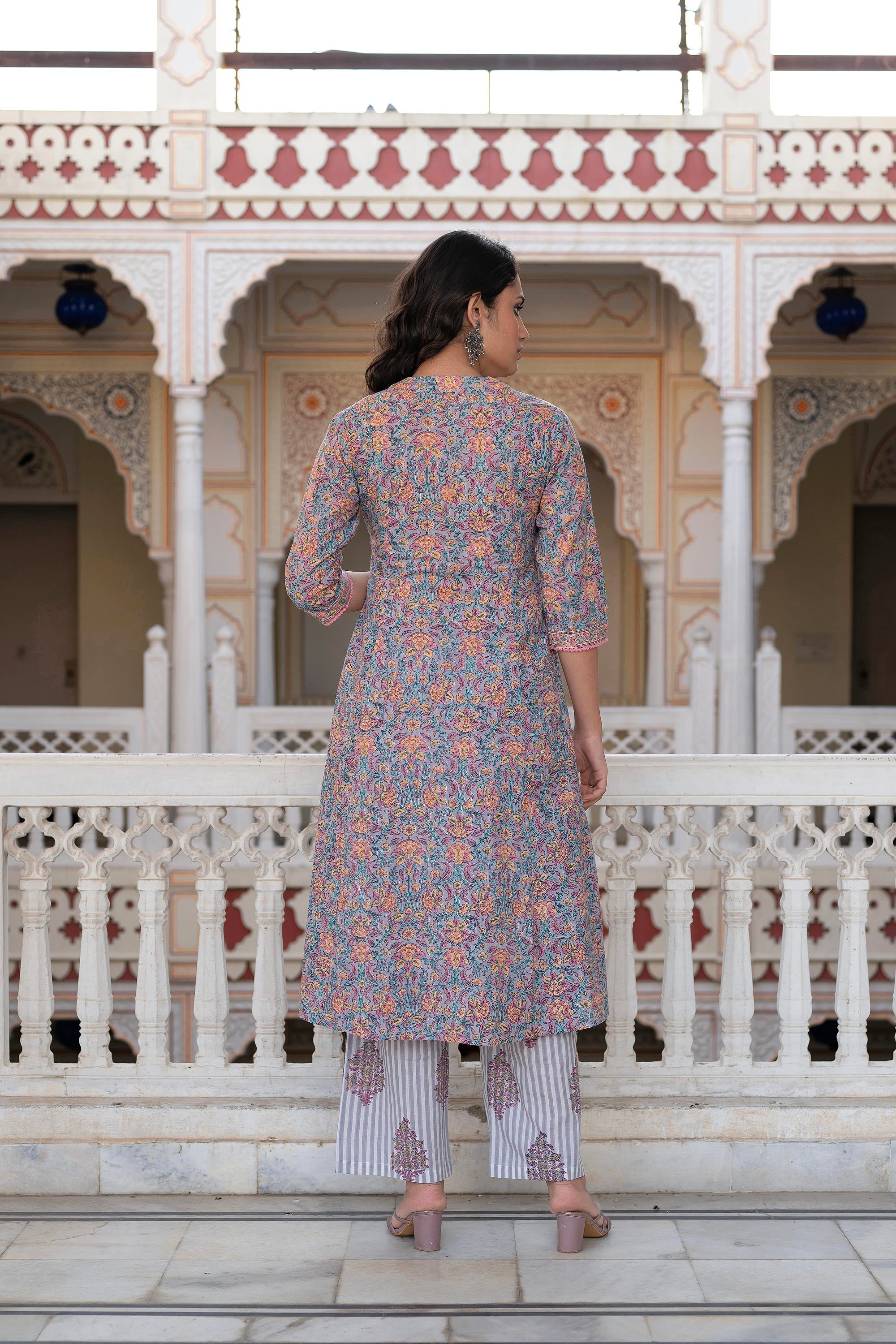 Juniper Lavender Cotton Flared Kurta-Pant & Dupatta Set with Floral Print, Thread Work, Lace & Sequins | Grocsy
